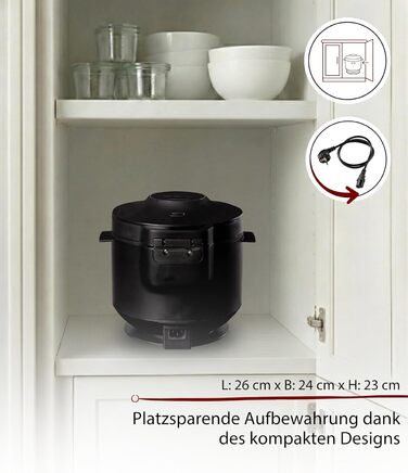 Рисоварка Cloer 6830, 1 л, з насадкою для приготування на парі та чашею, що миється в посудомийній машині, 7-етапна технологія, підігрів до 24 год, звуковий сигнал та індикатор рівня води, 350 Вт, чорна