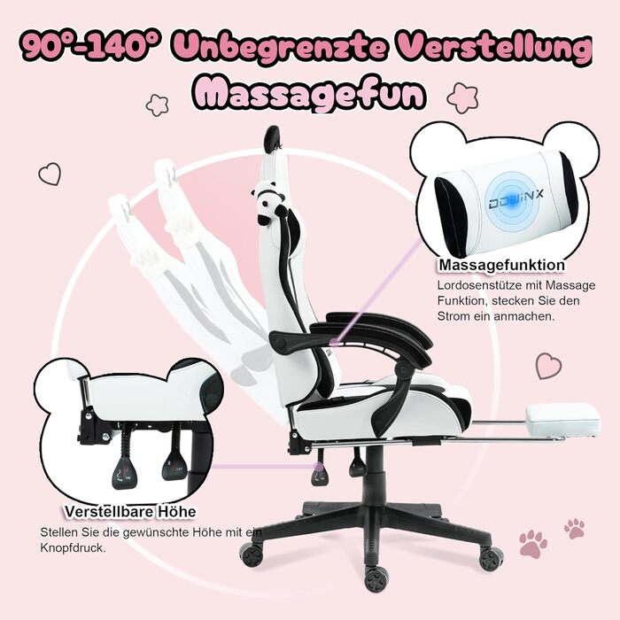 Ігрове крісло Dowinx - Видання Cute Panda - Ергономічне комп&39ютерне крісло з високою спинкою та поперековою опорою, шкіра PU, підставка для ніг, панда чорно-білий колір