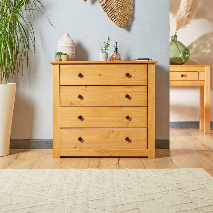 Комод CARO Furniture Cancun у стилі кантрі, виготовлений з масиву сосни, сучасний сервант з 4 шухлядами, сервант з тонованою та вощеною поверхнею