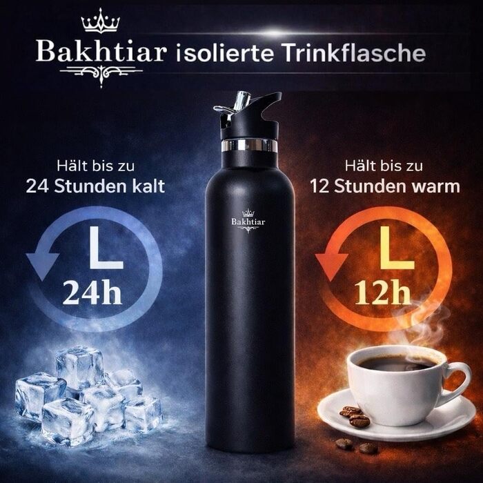 Пляшка для води Bakhtiar з подвійними стінками з нержавіючої сталі - Преміальна ізольована пляшка для гарячих та холодних напоїв - Спортивна пляшка з двома кришками - Підходить для газованих напоїв (Чорна, 1000 мл) Чорна 1000 мл