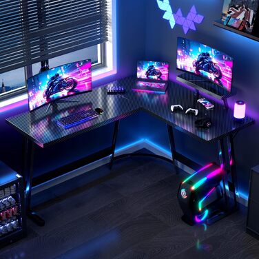 Ігровий стіл L-подібний 150x130 см, Кутовий стіл для ігор, L-подібний стіл з підставкою для монітора, Карбоново-чорний 150 x 130 см Чорний