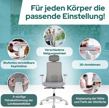 Ергономічне офісне крісло - Переможець тесту - Високо індивідуально регульоване офісне крісло з підголівником та поперековою опорою, 3D підлокітниками та дихаючою сіткою - Офісне крісло 150 кг (світло-сіре) з підголівником світло-сірий / сірий