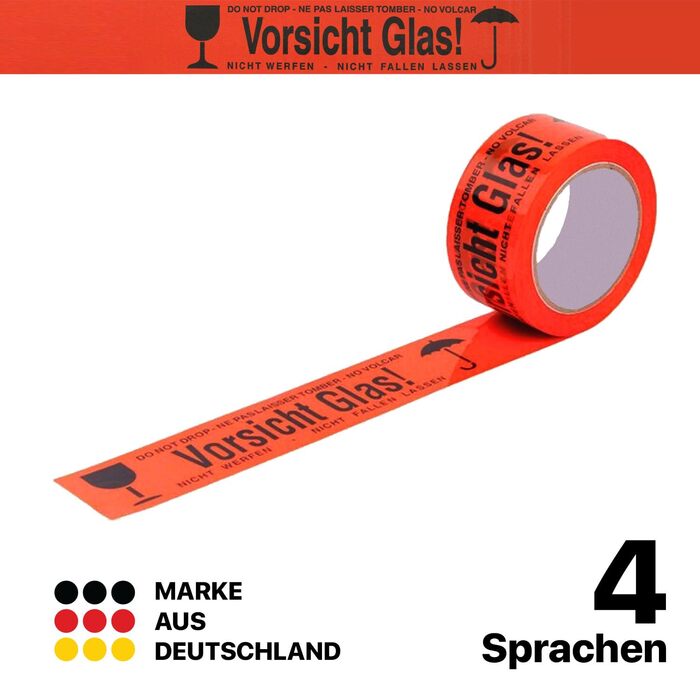 Застережливе скло 36 рулонів Червона стрічка Застережливе скло Тендітна пакувальна стрічка Тендітна попереджувальна пакувальна стрічка Чорний пакет з піктограмою (36 рулонів)