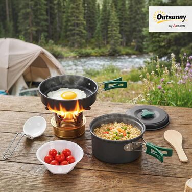 Набір посуду Outsunny для кемпінгу, 8 предметів портативний посуд для приготування їжі на відкритому повітрі з антипригарними ручками, швидко нагрівається. Каструля, сковорода та набір посуду на 2 особи для походів, пікніків та барбекю, сірий колір.