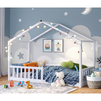 Дитяче ліжко Bellabino Bia 90x200 см, дитяче ліжко для дому з захистом від випадіння та висувною рейковою рамою, підлогове ліжко М