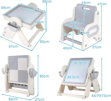 В-1 Багатофункціональний дитячий стіл зі стільцем, складний дитячий комплект сидіння з двосторонньою стільницею, 2 кошики, відділення для олівців та книжкова полиця, робочий столик для дітей від 18 місяців (сірий), 9-