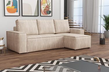 Г-подібний кутовий диван Bergamo, 240x142 см, з функцією сну та відділенням для зберігання речей. Вельветовий диван-ліжко, універсальна сторона, невеликий диван для передпокою, 3-місний кутовий диван-ліжко для вітальні, подушки, бежевий. Zoom 1 - Бежевий.