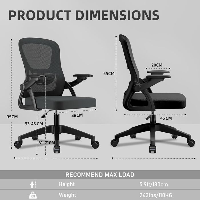 Офісне крісло зі складними підлокітниками на 90, повітропроникною сітчастою оббивкою, поперековою опорою та регулюванням висоти, підходить для домашнього офісу та студії.