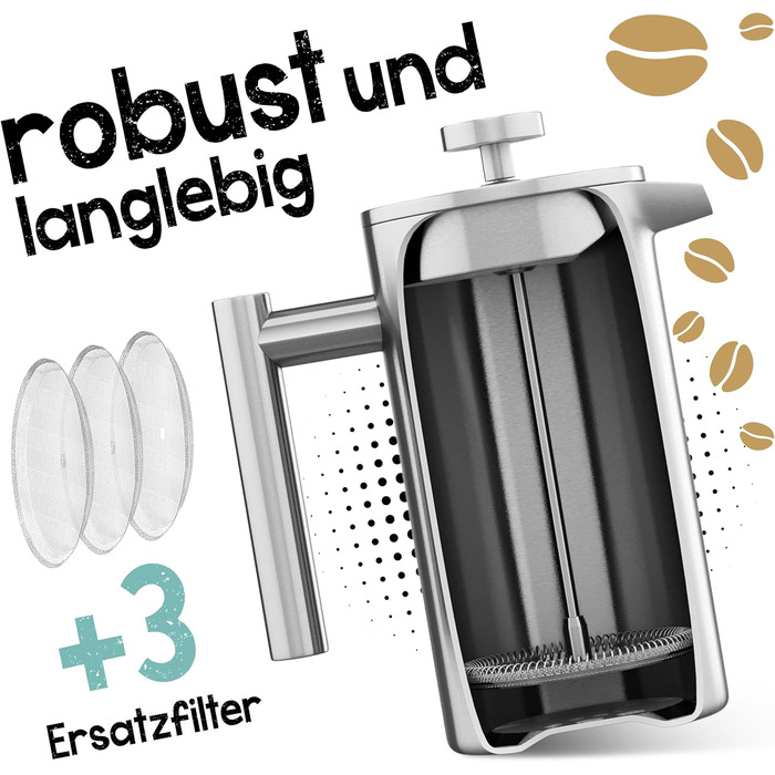 Френч-прес з нержавіючої сталі Morgenheld на 6 чашок 1000 мл Металевий кавовий прес індукційний підходить 1 л термовакуумний глечик кавоварка з подвійною стінкою 1000 мл (5 чашок)