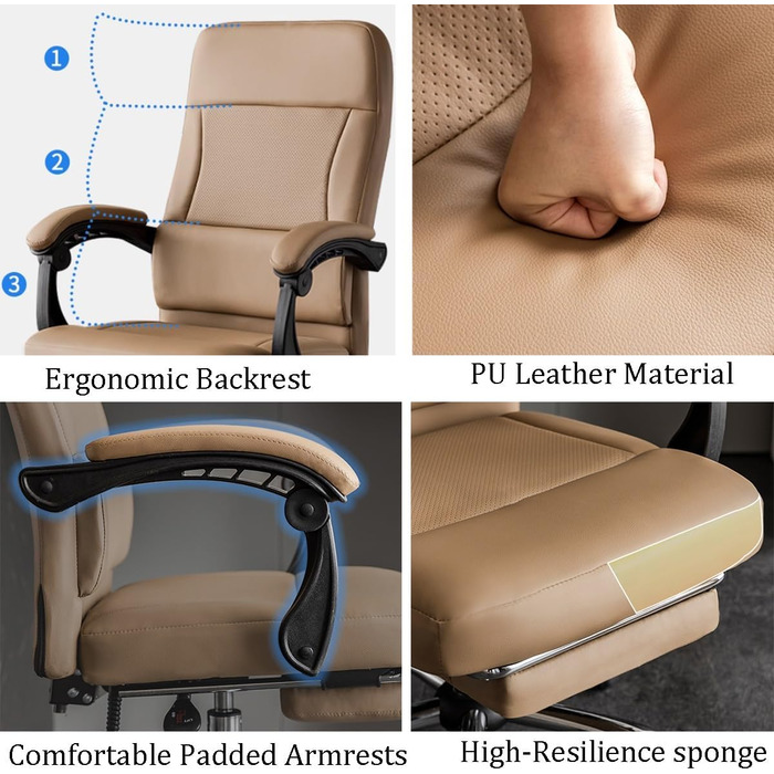Офісне крісло з високою спинкою, ергономічні шкіряні крісла з подушкою сидіння, крісло з кутом відкидання 135 та поперековою опорою, поворотні крісла з регулюванням висоти (білий, B) Білий B
