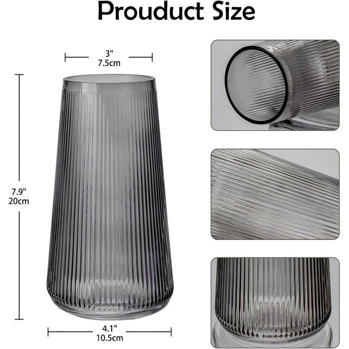 Декоративна ваза скляна сучасні вази з канавками Декоративна ваза для квітів в стилі інс прикраса столу для весілля, офісу, прикраса кухні, висота приблизно 20 см Темно-сірий 1