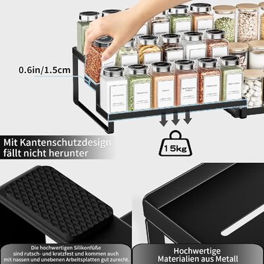 Стійка для спецій, кухонні полиці, стоячі, висувні, штабелюються, чорний метал, кухонний органайзер, для комори, стільниці та кухонної шафи, комплект з 2 шт. по 3 полиці кожна