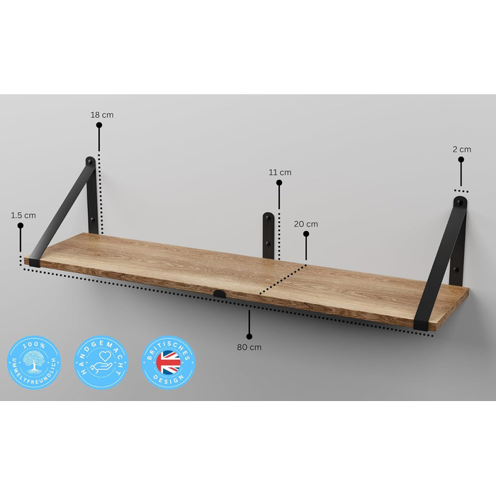 Настінні плаваючі книжкові полиці CASSA ZENO, комплект з 3 шт. , 80 см x 20 см, книжкова полиця для спальні, вітальні, офісу, ванної кімнати, кухні, дерев&39яна, рустикальна, з металевим кронштейном (натуральний колір), натуральний колір, 3 20 Г x 80 Ш x 