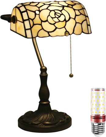 Настільна лампа Uziqueif Retro Tiffany Style/Banker Lamp - Настільна лампа E27 з перемикачем і 1 лампочкою, сплавна основа - для офісу, дому, вітальні, спальні, їдальні, троянди a