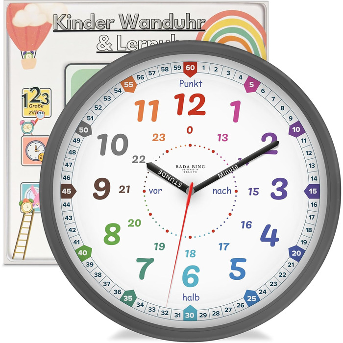 Настінний годинник Bada Bing Montessori для дітей - навчальний годинник без звуків цокання - аналоговий дитячий годинник для вивче