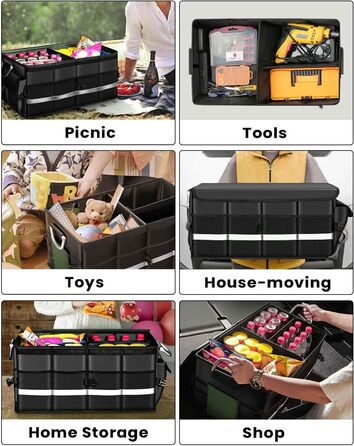 Органайзер для багажника WINHUNT, автомобільний органайзер для зберігання речей з водонепроникним кишенею, складний органайзер з багатьма відділеннями для автомобіля, позашляховика, седана, пікапа (Чорний, 66л) Чорний 66л
