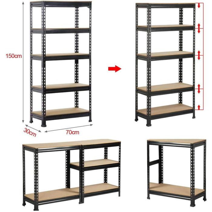 Полиця для зберігання Yaheetech 150 x 70 x 30 см, міцна, безболтова, 5 МДФ стелажів, стелаж для підвалу, стелаж для майстерні, вантажопідйомність 150 кг на полицю, чорний колір, 70x30x150 см