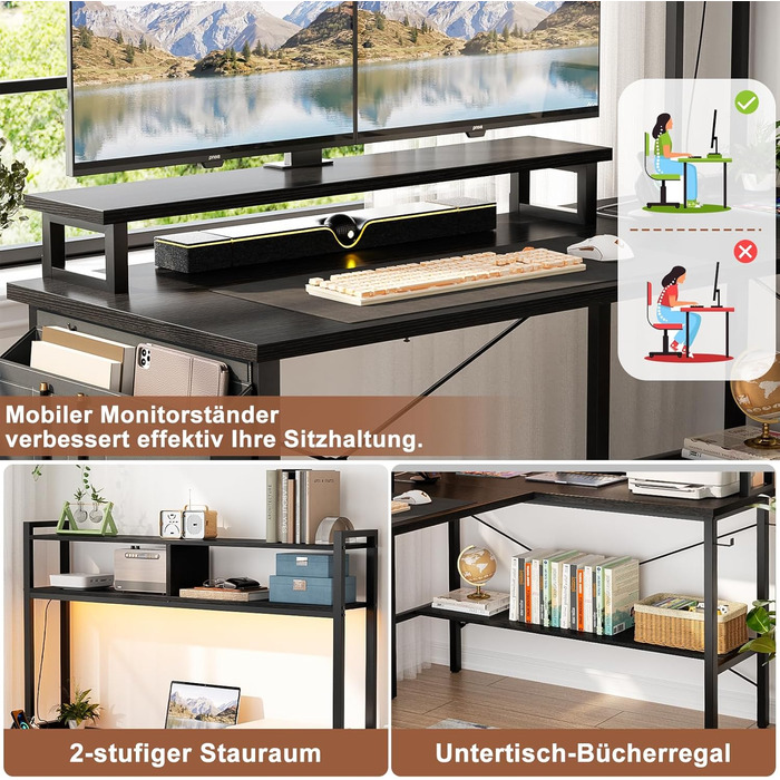 Г-подібний ігровий стіл з розетками та світлодіодним підсвічуванням, невеликий Г-подібний стіл, кутовий комп&39ютерний стіл з підставкою для монітора та полицею, з сумкою для зберігання, чорний