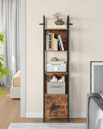 Рівнева кутова книжкова полиця з шухлядою, драбина, промисловий дизайн, сталевий каркас, для вітальні, домашнього офісу, спальні, 24 x 40 x 165 см, вінтажний коричнево-чорний LLS146B01 40B см, 5-