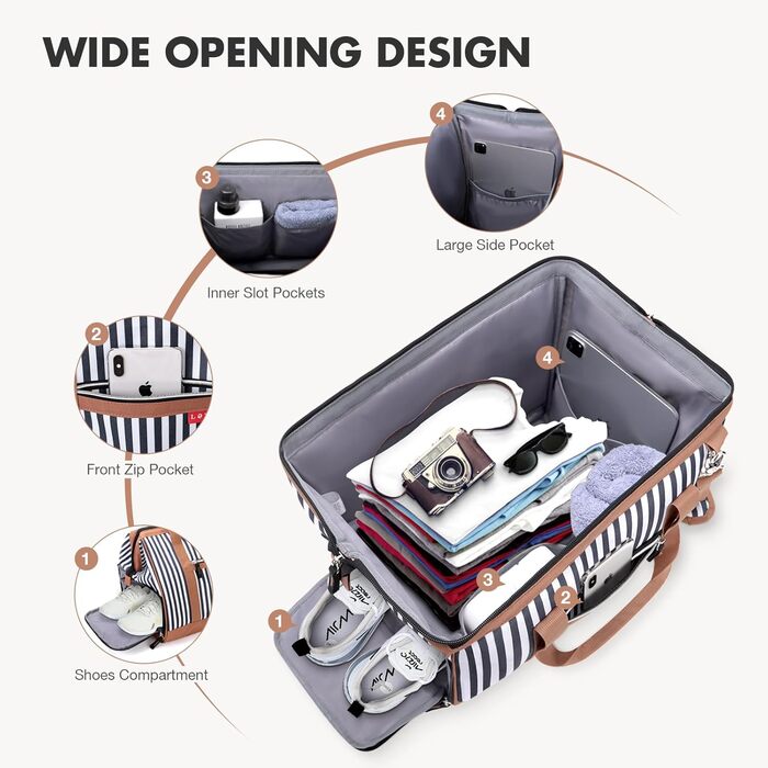 Жіноча дорожня сумка Lekesky, середня сумка для вихідних з відділенням для взуття, дизайн з широким отвором, лікарняна сумка об&39ємом 43 л для пологів, подорожей, авіаперельотів, роботи, пляжу або відпочинку (синя смужка) 43 л синя смужка