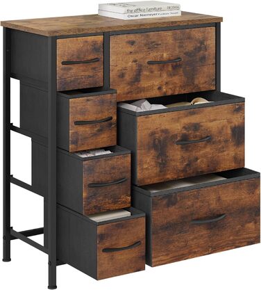 Комод WOLTU з 7 тканинними шухлядами, велика місткість, міцний металевий каркас, для вітальні, спальні, коридору, вінтажний коричнево-чорний, 63,5x30x73 см, SSK008shm Вінтажний вигляд дерева, 7 тканинних шухляд