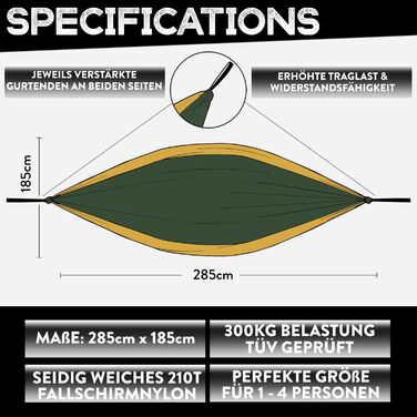 Преміум кемпінговий гамак відкритий на 2 особи нейлоновий парашутний шовк для подорожей, подорожей, саду з набором для підвішування кріплення Вантаж 300 кг (темно-зелений) XX-великий