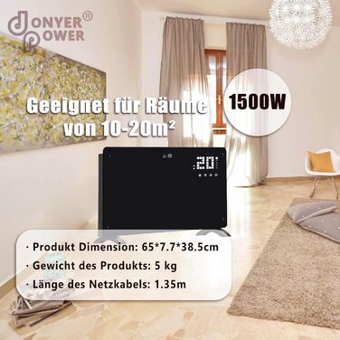Конвекторний обігрівач DONYER POWER 1500 Вт, ультратонкий настінний або окремостоячий, 24-годинний таймер з дистанційним керуванням, чорна скляна панель, 1,5 кВт, чорний