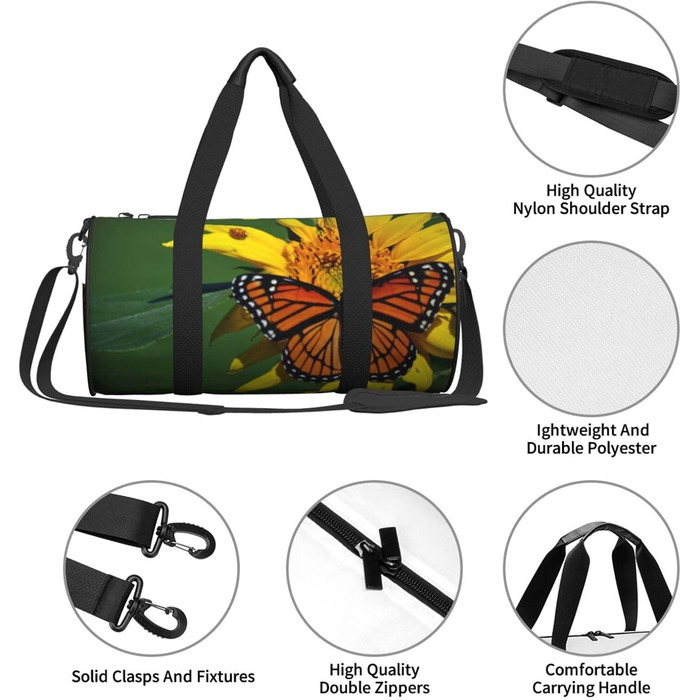 Спортивна сумка для подорожей, з принтом соняшників та метеликів, дорожня сумка на ніч, чорна, універсальний розмір