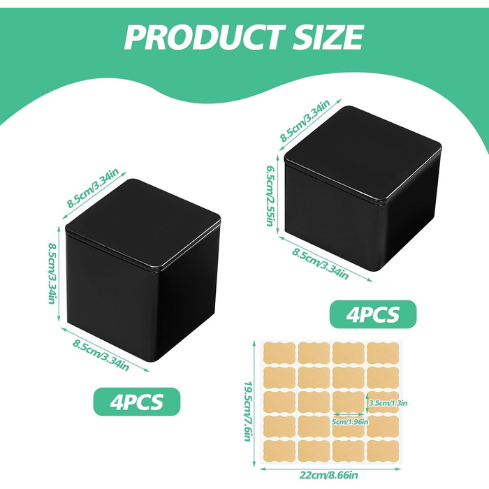 Класичних квадратних чайних банок, 8,5x8,5 см, для розсипного чаю, контейнери з 20 етикетками, ароматизовані металеві банки для зберігання чаю, кавових зерен, спецій, борошна, рису (висота 8,6 см та 6,5 см), 8