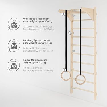 Настінна гімнастична драбина MAMOI для дорослих з гімнастичними кільцями та тренувальною ручкою, регульовані кільця для силових тренувань та розтяжки вдома, персоналізований дизайн