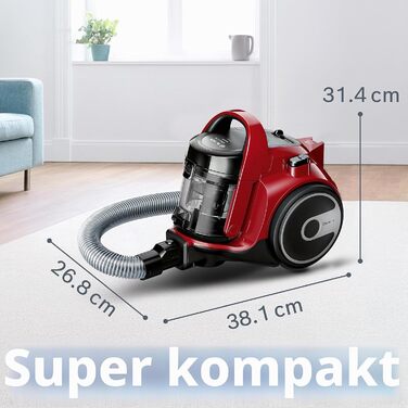Безмішковий пилосос BOSCH BGC05AAA2, 78 дБ, контейнер 1,5 л, мийний HEPA 12-фільтр, червоно-чорний, щітка для паркету