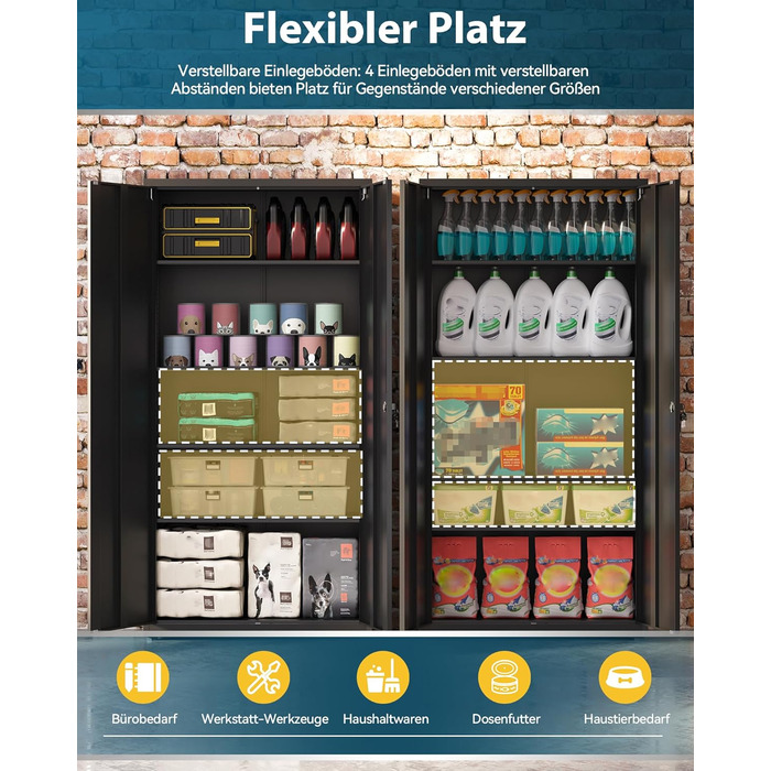 Шафа для документів, багатоцільова шафа, сталева шафа для зберігання, шафа для майстерні, 180 x 80 x 40 см, чорна 181,5 В см чорна