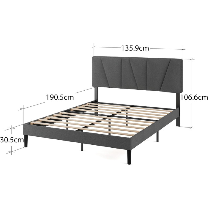 Каркас двоспального ліжка Zinus Maya - Ліжко 135 x 190 см - Висота 30 см - М&39який каркас ліжка-платформи з узголів&39ям - Дерев&39яна рейкова опора - Темно-сірий
