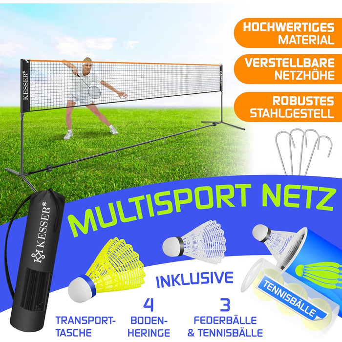 Сітка для бадмінтону KESSER, сітка для тенісу Сітка для волана з регулюванням висоти у 3 напрямках 107/120/155 см, комплект включає сітку, 3 волани та 3 тенісні м&39ячі, сумку для перенесення, міцну залізну раму, для використання в приміщенні та на вулиці