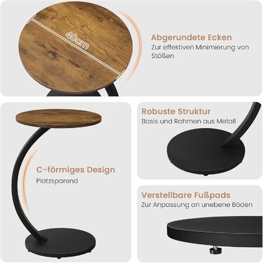 Журнальний столик WOLTU C-подібної форми, круглий журнальний столик, столик для дивана, маленький столик для дивана, ліжка, з металевим каркасом та стільницею з МДФ, індустріальний стиль, 40 x В 65 см, вінтажний вигляд дерева, BTS21hov