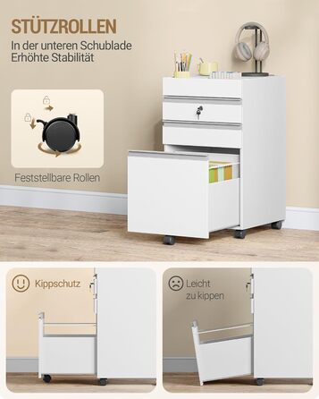 Контейнер на колесах Hzuaneri, шафа для документів, офісна шафа, що замикається, з 3 шухлядами, додаткове місце для зберігання зверху, шафа з шухлядами для формату DIN A4, Letter, для офісу, домашнього офісу, 40 x 40 x 70 см Білий FC41003XV1