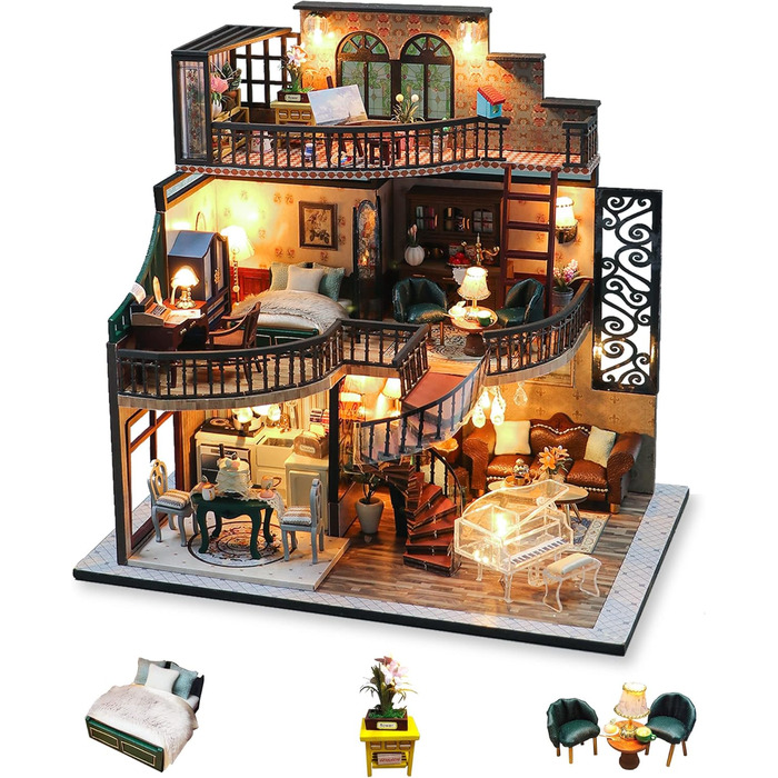 Мініатюрний будиночок для ляльок Cuteefun "Зроби сам" для дорослих, який можна побудувати самостійно, набір для мініатюрного будиночка для ляльок з інструментами, набір для ремесел з дерев&39яного будинку (вінтажний лофт)