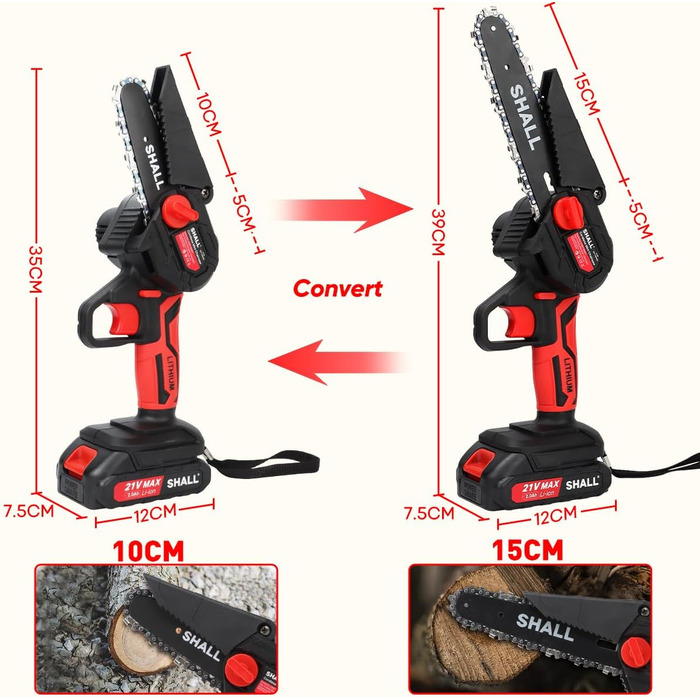 Портативна міні-бензопила SHALL, безщітковий двигун 21 вольт, 2 акумулятори швидкої зарядки, 4 ланцюги, обрізка гілок, садівництво, найкращий вибір для чоловіка, батька, любителів роботи з деревом