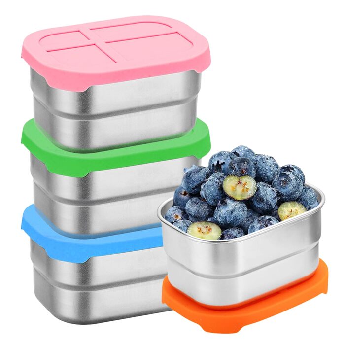 Набір з 4 контейнерів для перекусів з нержавіючої сталі, 230 мл, з силіконовою кришкою. Герметичні контейнери для їжі, фруктів, мюслі та заморозки.