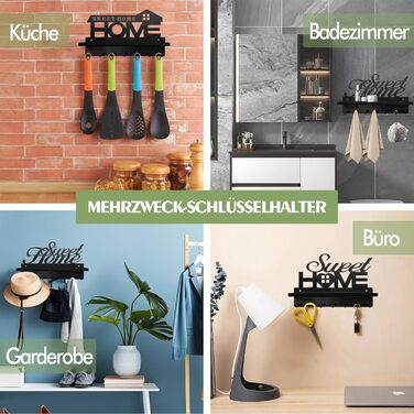 Ключниця з поличкою без свердління чорна, Ключниця сучасна, Ключниця настінна з 7 гачками для ключів і вішалкою, Ключниця для прик