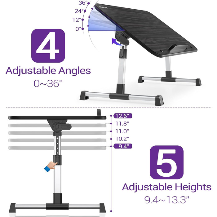 Стіл для ноутбука та сніданку Nearpow (великий розмір), регульований підставка для ноутбука на ліжко, портативний мобільний стіл з відкидними ніжками, складаний столик на коліна для дивана, ліжка, підлоги, великий розмір, чорний