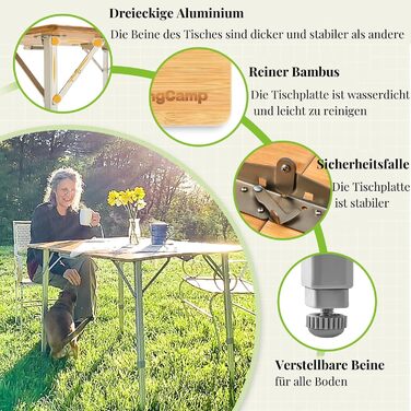 Бамбуковий кемпінговий стіл KingCamp, розкладний стіл 100x72 см для 4-6 осіб, міцна алюмінієва рама, 3 налаштування висоти з сумкою для перенесення для саду, пікніка, кемпінгу, використання на свіжому повітрі та 3 фіксовані висоти, 100 x 72 см