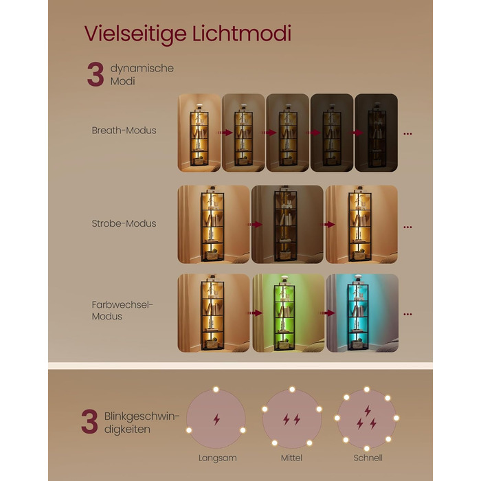 Кутова полиця VASAGLE з 5 полицями, книжкова полиця з регульованим світлодіодним освітленням, сталевий каркас, 24,8 x 48 x 146,6 см, для вітальні, спальні, кабінету, чорний колір Ebony LBC590B02