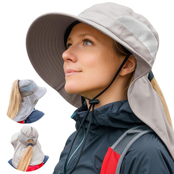 Жіночий сонцезахисний капелюх TOP-EX із захистом шиї, захист від ультрафіолету 50, складний, дихаючий, хвіст, літній капелюх із широкими полями для походів, пляжу, риболовлі, саду, розміри S/ML/XL, XL/XXL, сірий, ML