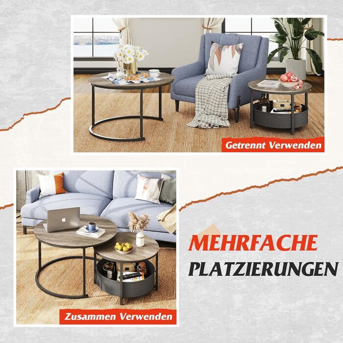 Набір з 2 круглих журнальних столиків WLIVE, сучасний круглий стіл для вітальні, бічний столик з тканинним кошиком, діаметр 80 см, журнальний столик для спальні, домашнього офісу (сірий дуб)