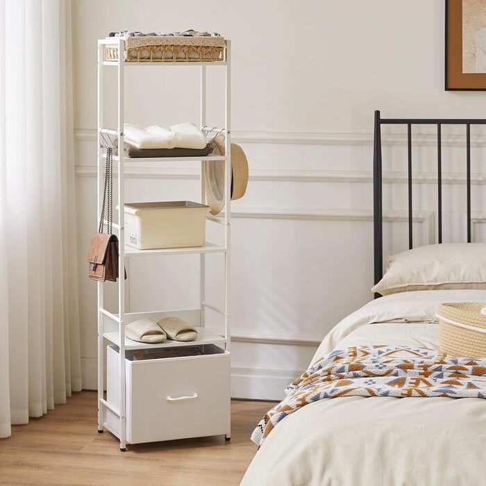 Полиця-драбина, книжкова полиця, 5-ярусна книжкова полиця з шухлядою, підставка для рослин, книжкові полиці для вітальні, спальні, кухні, сталевий каркас, білий YD-BC001W 39x26x136см Білий