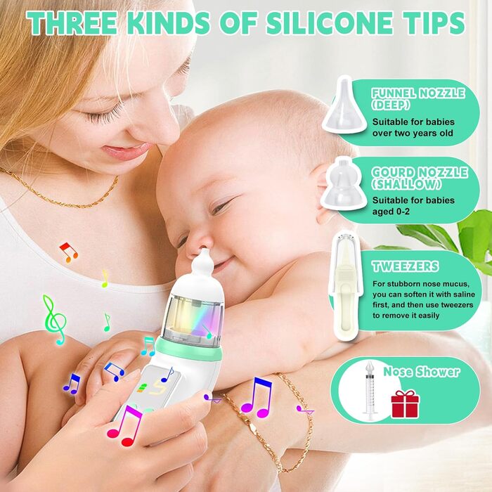 Назальний аспіратор дитячий електричний, акумуляторний назальний очищувач з 5 рівнями всмоктування та 3 силіконовими насадками, во