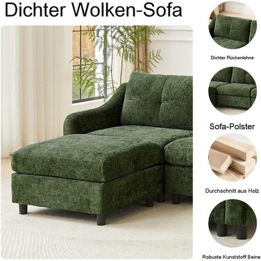 Кутовий диван JIEXI з функцією сну, вельветовий диван, L-подібний диван, кутовий диван, диван-ліжко, 251 см (темно-зелений, 3 місця 1 пуф)