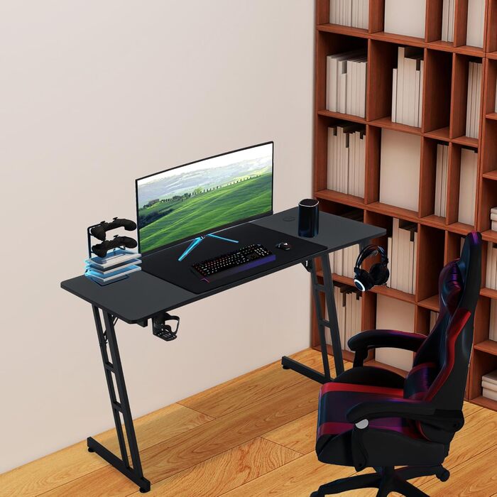 Ігровий стіл AufuN 140 x 60 см, Ігровий стіл зі світлодіодним підсвічуванням, гачком для навушників та тримачем для чашки, Міцний комп&39ютерний робочий стіл, Ігровий стіл для ПК (Тип B без світлодіодів) 140 x 60 см Тип B без світлодіодів