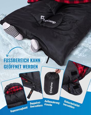 Спальний мішок KingCamp для дорослих, для холодної та теплої погоди, XL, великий та високий фланелевий спальний мішок з компресійним мішком, портативний, водонепроникний, аксесуар для кемпінгу на природі, чорний фланель, 22075 см